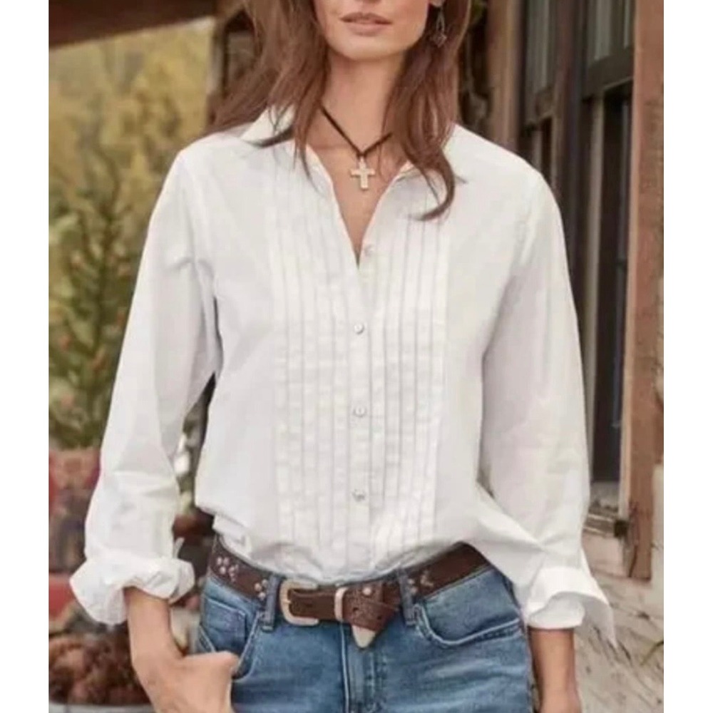 Sundance White 100% Cotton Pintuck Tuxedo Pleated Button Down Shirt Womens M